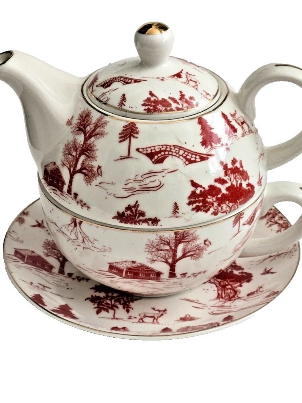 Grace Teaware Red Village Teapot Cup &amp; Saucer-Tea For One